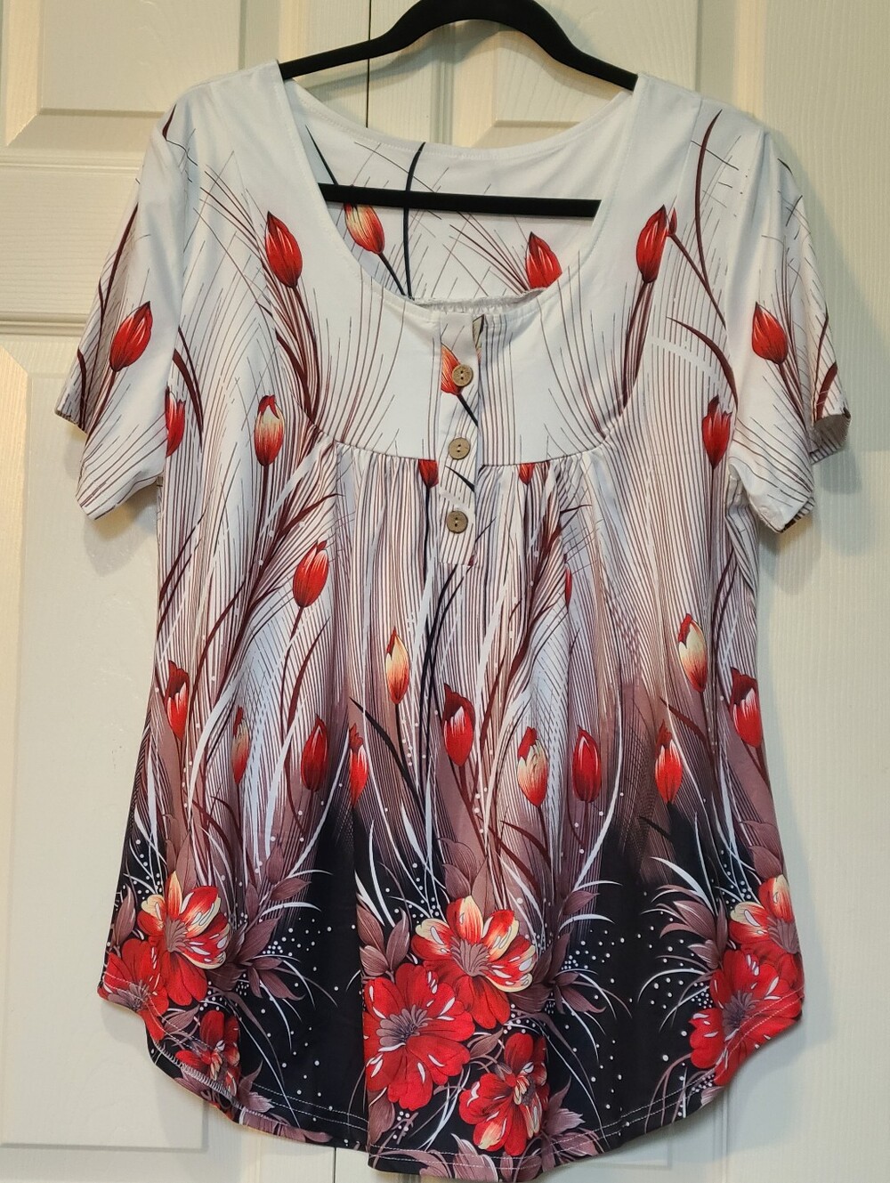 Hof Red Tulip Floral Pleated Henley Top Size Large